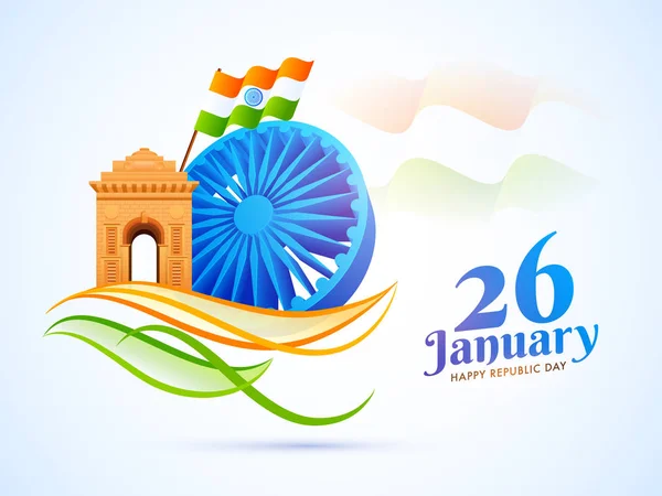 Ashoka 轮与印度门和挥舞印度国旗例证 1月26日 共和国日庆祝概念 — 图库矢量图片