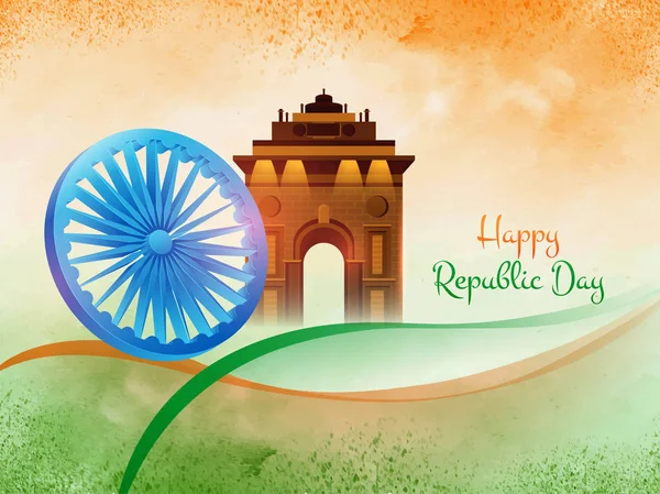 愉快的共和国日庆祝概念 历史纪念碑印度门和 Ashoka 轮子例证在粗野纹理背景 — 图库矢量图片