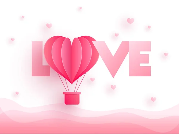 有光泽的粉红色文本爱与剪纸热气球在心脏装饰的背景 可作为情人节贺卡设计 — 图库矢量图片
