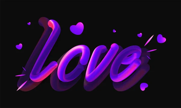 Glossy Purple Lettering Love Tiny Hearts Shiny Black Background Valentines — Διανυσματικό Αρχείο