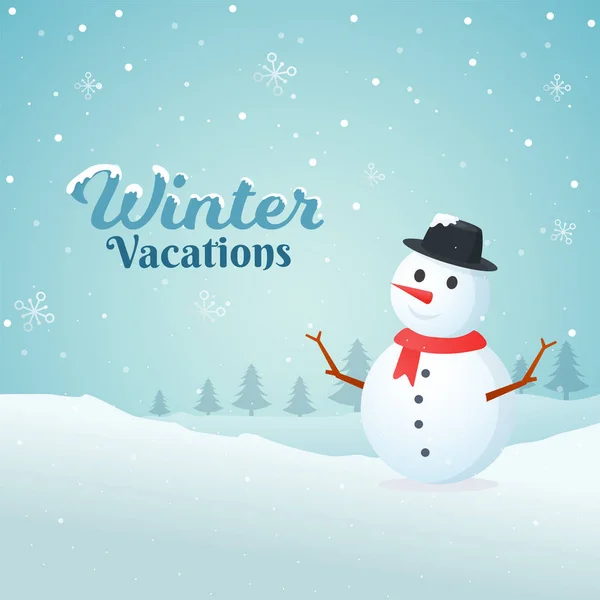 Winter Vacation Greeting Card Design Illustration Snowman Xmas Trees Snowfall — Stock Vector