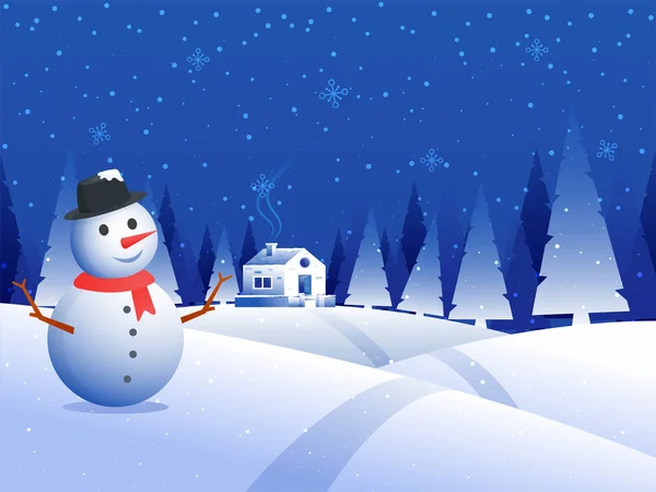 Illustration Des Schneemanns Mit Schneebedecktem Haus Auf Winterlichem Hintergrund Kann — Stockvektor