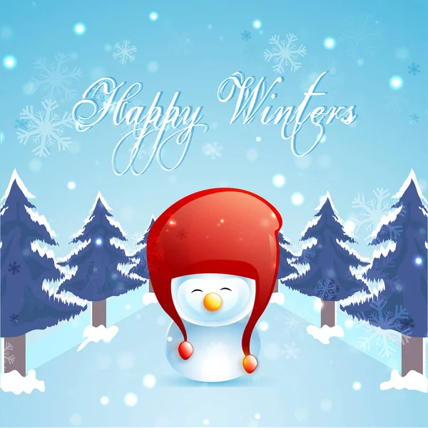 Calligraphy Happy Winter Cute Snowman Xmas Trees Snowfall Background Can — Stock Vector