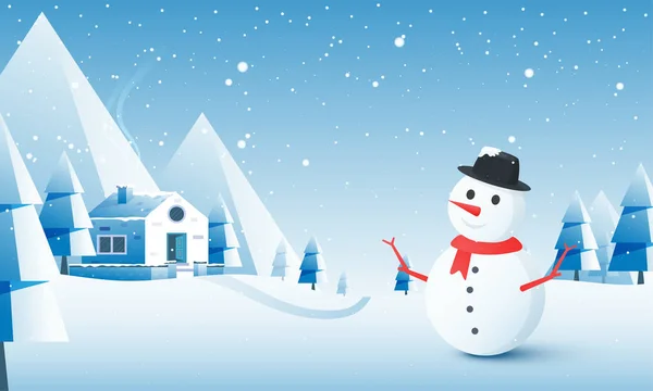 Winter Landschap Achtergrond Met Illustratie Van Sneeuwpop Huis Voor Happy — Stockvector