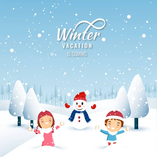 寒假是即将到来的贺卡设计与可爱的孩子和雪人字符在雪封顶的冬天背景 — 图库矢量图片