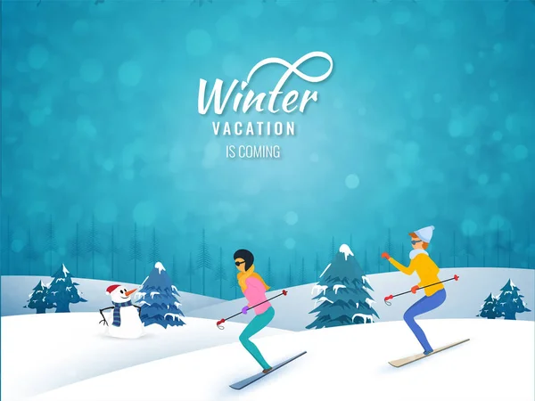愉快的寒假庆祝 溜冰在雪山在冬天风景背景 — 图库矢量图片