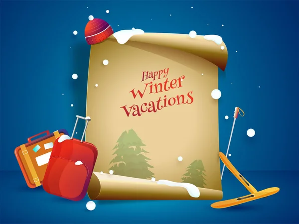 Happy Winter Vacation Lettering Vintage Scroll Paper Backpack Blue Background — Stock Vector