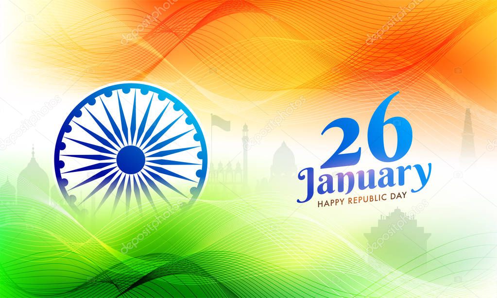 26 January celebration background with illustration of Famous Indian Monuments and Ashoka Wheel with tricolor wavy abstract pattern.
