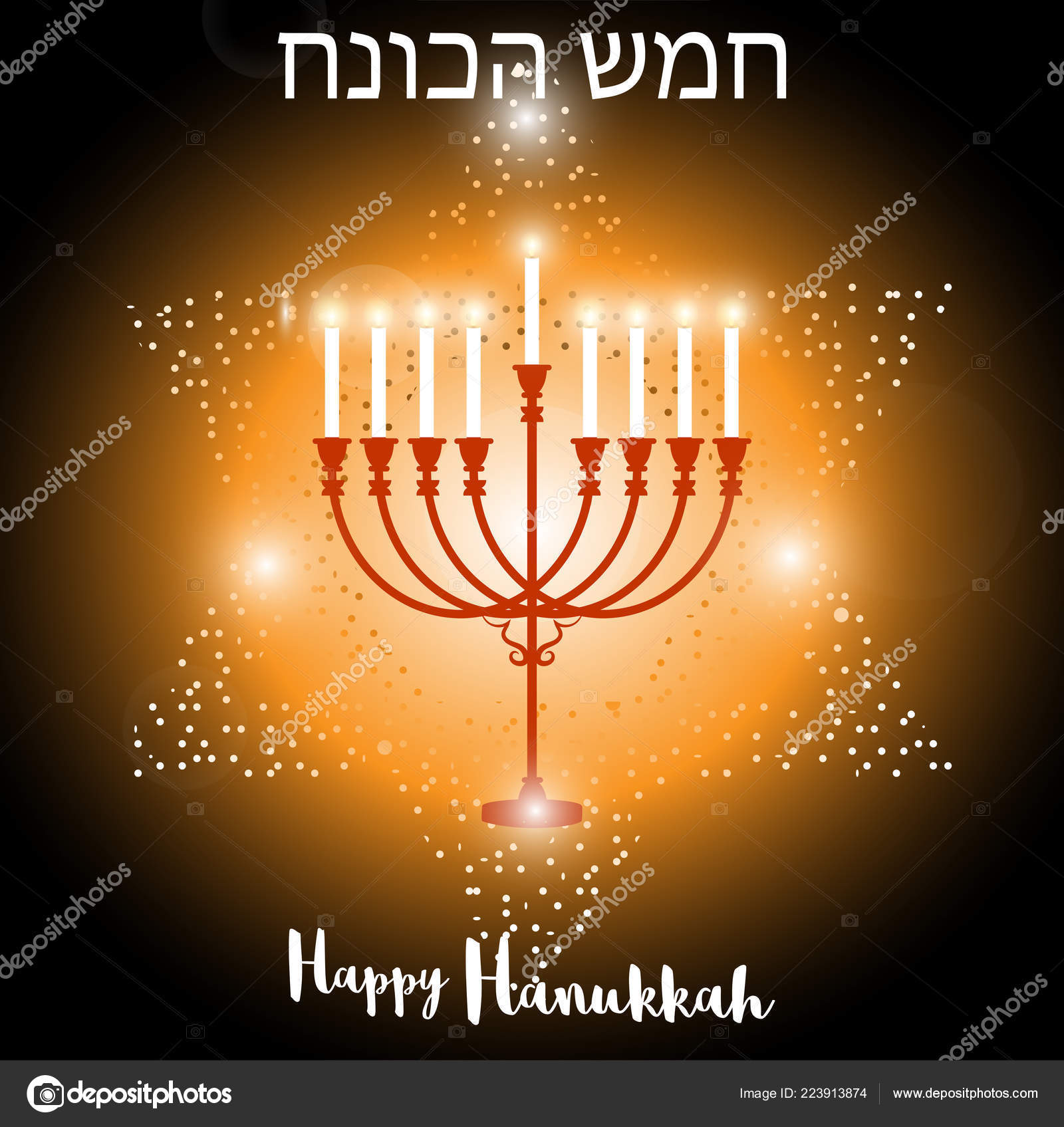 Happy Hanukkah Diseño Tarjeta Felicitación Con Menhora Tradicional  Candelabro Con Vector de stock #223913874 de ©alliesinteract, image size:1600x1695