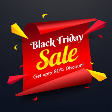 Siyah Cuma satış için kağıt stil şablonu veya poster tasarımı % 80 indirim teklif ve soyut öğeler ile kaydırma.