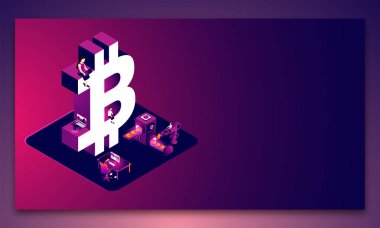 Minyatür insanlar kripto incelemesi kavramı için parlak arka plan üzerinde bitcoin 3D işareti ile birlikte çalışma.