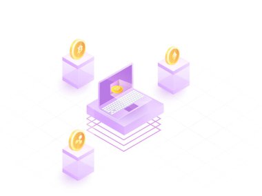 Cryptocurrency, bitcoin, ethereum ve kripto incelemesi kavramı için beyaz arka plan üzerinde dalgalanma ile dizüstü izometrik çizimde.
