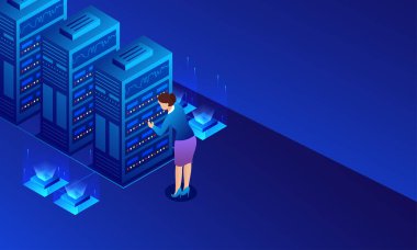 Büyük veri sunucusu yerel Sevr, veri merkezi için parlak mavi arka plan üstünde belgili tanımlık makine kontrol Bayan veya yönetim kavramı ile.