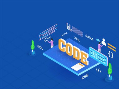 minyatür geliştiriciler için Web geliştirme kavramı mavi arka plan üzerinde farklı projelerle çalışma ile 3D metin kodu.