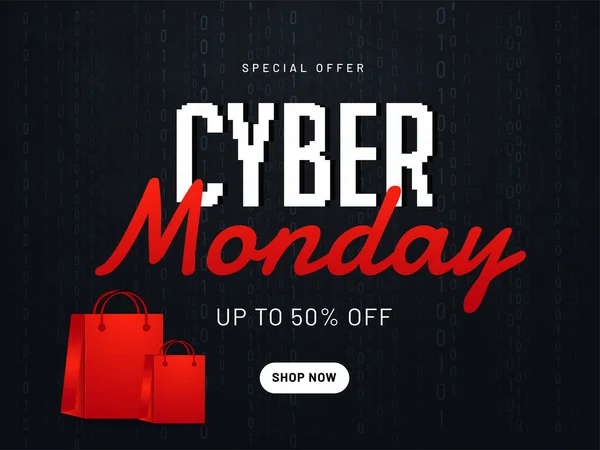 Дизайн Сайта Баннера Cyber Monday Скидкой Сумкой Покупок Черном Фоне — стоковый вектор