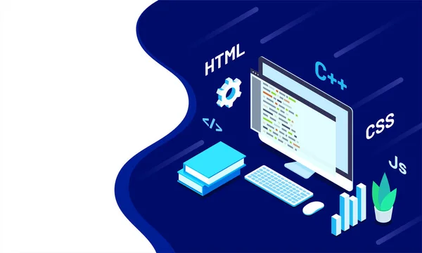 Illustrazione Isometrica Desktop Con Diversi Linguaggi Programmazione Segni Molteplici Elementi — Vettoriale Stock