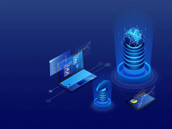 クラウド サーバーと光沢のある青い背景上のデータベースとの接続のノート パソコンの 図とデータ管理の概念 — ストックベクタ