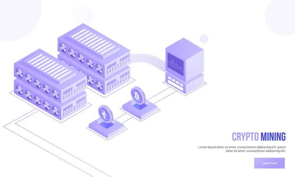 Ilustração Isométrica Computador Conectado Com Servidores Criptografia Para Conceito Mineração — Vetor de Stock