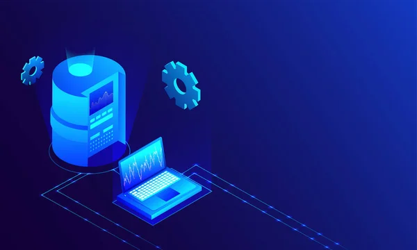 Ilustração Isométrica Banco Dados Conectado Com Laptop Fundo Azul Brilhante —  Vetores de Stock