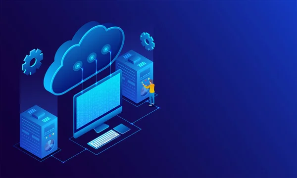 Isometrisk Illustration Skrivbordet Ansluten Med Moln Och Data Server Glansigt — Stock vektor