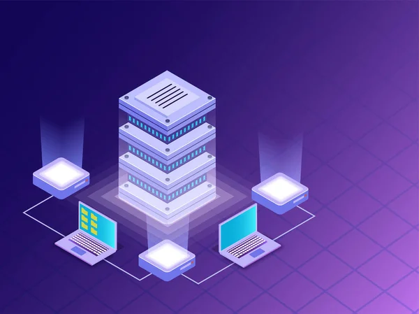 数据中心概念等距设计 数据服务器的插图连接笔记本电脑和迷你服务器上的网格紫色背景 — 图库矢量图片