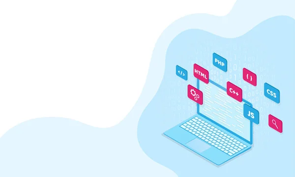 Ilustración Isométrica Escritorio Con Diferentes Lenguajes Programación Signo Símbolo Para — Vector de stock