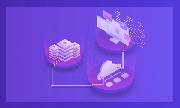 Concepto Gestión Datos Con Escritorio Isométrico Servidor Conectado Servidor Nube — Archivo Imágenes Vectoriales