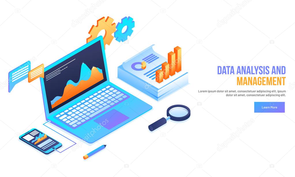 Isometric laptop connected with smartphone and different infographic elements on white background for Data Analysis and Management landing page design.