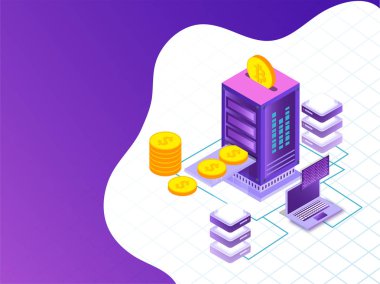 Kılavuz arka plan üstünde laptop illüstrasyon mini kripto sunucusunun sanal gerçek para Satım kavramı dayalı izometrik tasarım için bağlı.