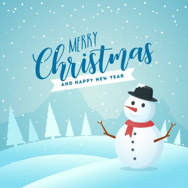 Mutlu Noeller ve mutlu yeni yıl kutlama için kış manzara arka plan sevimli kardan adam. Tebrik kartı tasarımı olarak kullanılabilir.