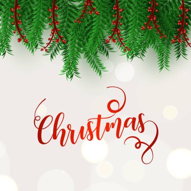 Noel bokeh arka plan üzerinde şık hat yeşil çam yaprakları ve holly Karpuzu dekore edilmiş. Tebrik kartı tasarımı olarak kullanılabilir.