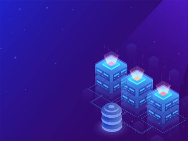 3D illüstrasyon parlayan yerel sunucuların veri merkezi kavramı için mavi arka plan veritabanına bağlı.