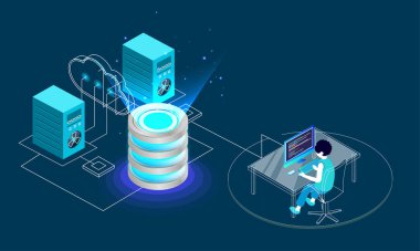 Bulut sunucu örnek veritabanı, minyatür analisti analiz verileri bağlı. Veri merkezi kavramı izometrik tasarımında temel.