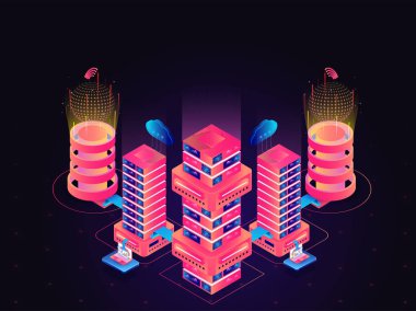 Büyük veri sunucu veritabanı ve dizüstü bilgisayarlarda kahverengi zemin, izometrik tasarım veri merkezi veya depolama kavramı için bağlı.