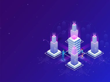 Web sunucuları, parlak mavi arka plan sunucuda veri koruma minyatür insanlar 3d çizim ile izometrik tasarım veri merkezi kavramı dayalı.