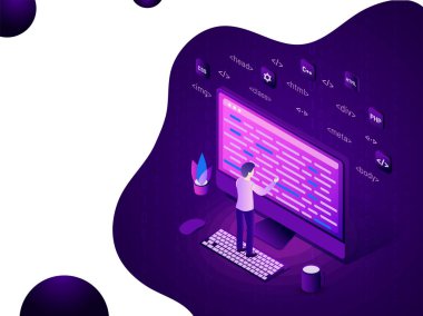 Çözümleyici veya geliştirici Masaüstü, farklı programlama dilleri işareti veya simge için Web geliştirme kavramı üzerinde sorunu gidermekle izometrik tasarımında temel.
