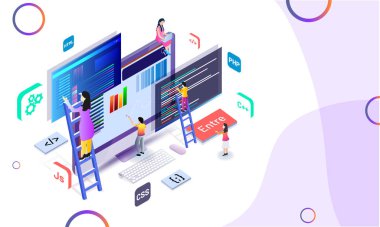 Minyatür web geliştirici web sitesi veya analist çözümleme verilerini korumak. İzometrik tasarım çalışması veya Web geliştirme kavramı.