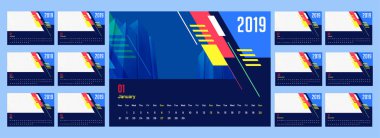 İş şablon stili, 12 ay Takvim tasarım yıl 2019.
