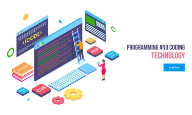 Programlama ve kodlama teknoloji kavramı, Web sitesi bakım ve aletleri beyaz arka plan üzerinde resmi altında sorunu gidermekle minyatür programcı.