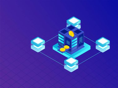 Kripto madenciliği veya sanal gerçek para Satım kavramı, para Satım makinesi üzerinde mavi arka plan ile bağlı izometrik kripto sunucuları için.