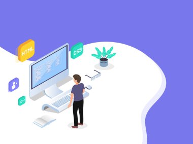 Bir web geliştirici çalışma alanı, masaüstü çok kodlama dilleri ile izometrik çizimde arka plan üzerinde işaretler..