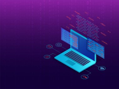Kodlama ve kavramı, izometrik çizimde birden çok programlama ekran arka plan kodlama matris ile dizüstü programlama.