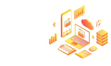 Veri yönetimi veya analiz kavramı, dizüstü bilgisayar ile izometrik smartphone ve beyaz arka plan üzerinde birden çok iş öğesi.