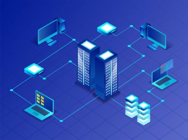 bilgisayar, dizüstü bilgisayar ve veri yönetimi kavramı için mini sunucuları ile bağlı ana sunucu 3D çizimi.