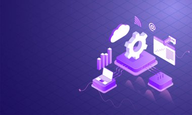 Veri yönetimi kavramı, 3d illüstrasyon mavi arka plan üzerinde birden çok iş aletleri ile dizüstü.