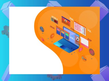 Yazılım geliştirme ve programlama kavramı, laptop ile farklı kodlama işaretleri ve aletleri arka plan üzerinde 3d çizimi.