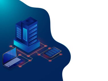 İzometrik tasarım, 3d illüstrasyon parlak arka plan üstünde not etmek ile dizüstü bilgisayara bağlı web sunucularının veri merkezi kavramı dayalı.
