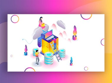 Analistler analiz veri veri merkezi kavramı için laptop ve bulut sunucusunda izometrik çizimde.