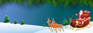 Noel Baba kızak kış manzara arka plan üzerinde sürme neşeli Noel Festivali kutlama için çam yaprakları ile dekore edilmiş.