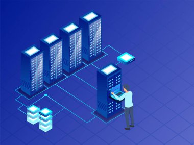 İzometrik çizimde web sunucusu ile veri merkezi kavramı, analist korumak mavi ızgara arka plan üstünde laptop üzerinden veri.